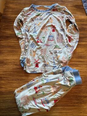 Kids Long Sleeve Pajama Set in Light Blue Travel Print
